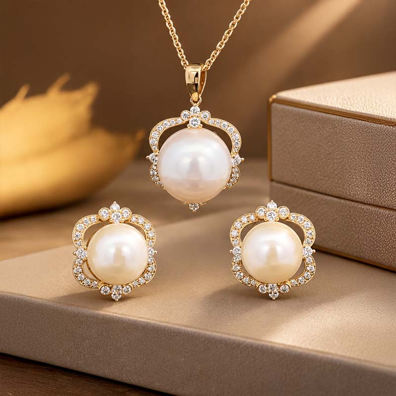 Halo of Diamonds - Pearl Pendant Set