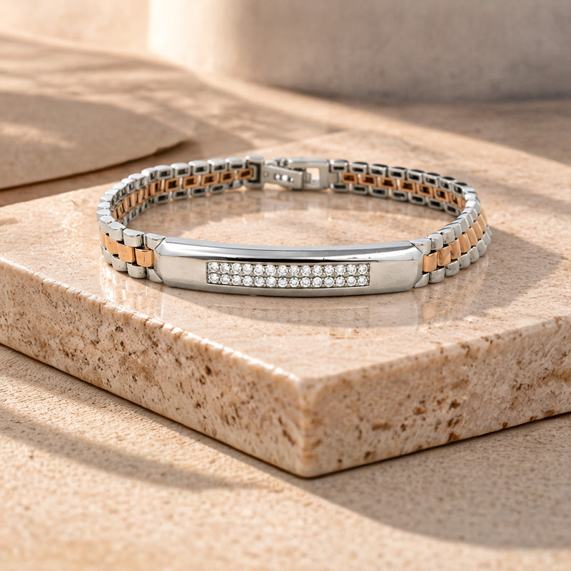 Men Bracelet in Platinum, 18K Rose Gold and Diamonds - Size 8.5