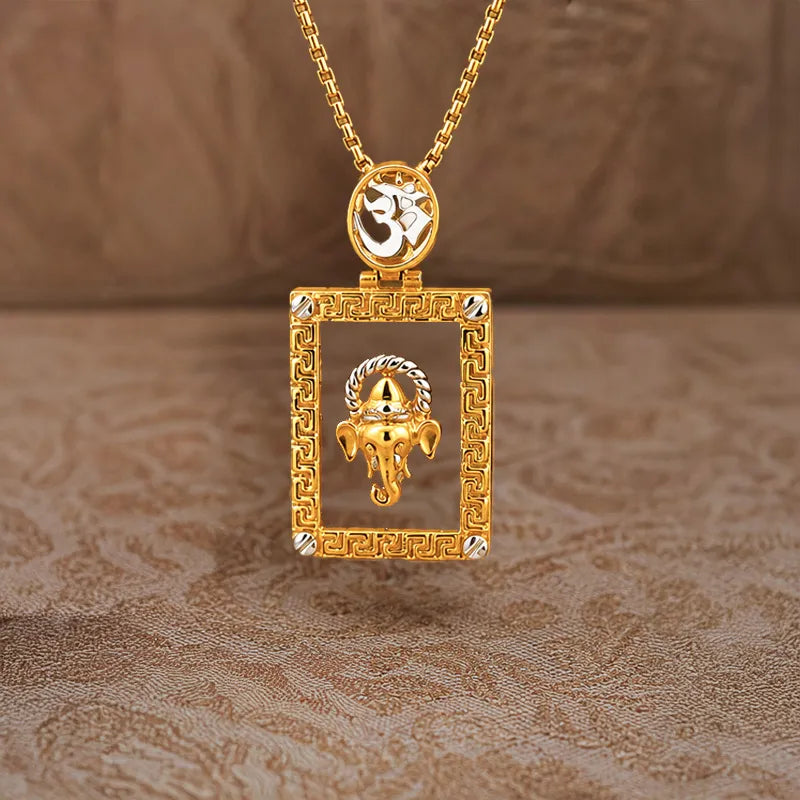 Yellow Gold Rectangular Frame Pendant of Lord Ganesh