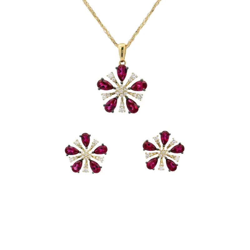 Floral Ruby Diamond Pendant Set