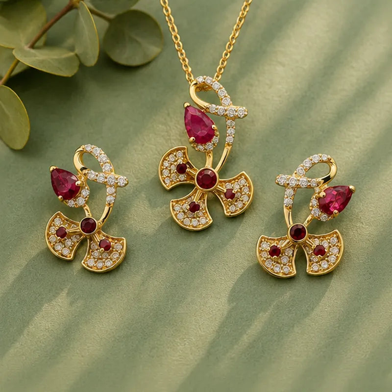 Floral Ruby Diamond Pendant Set