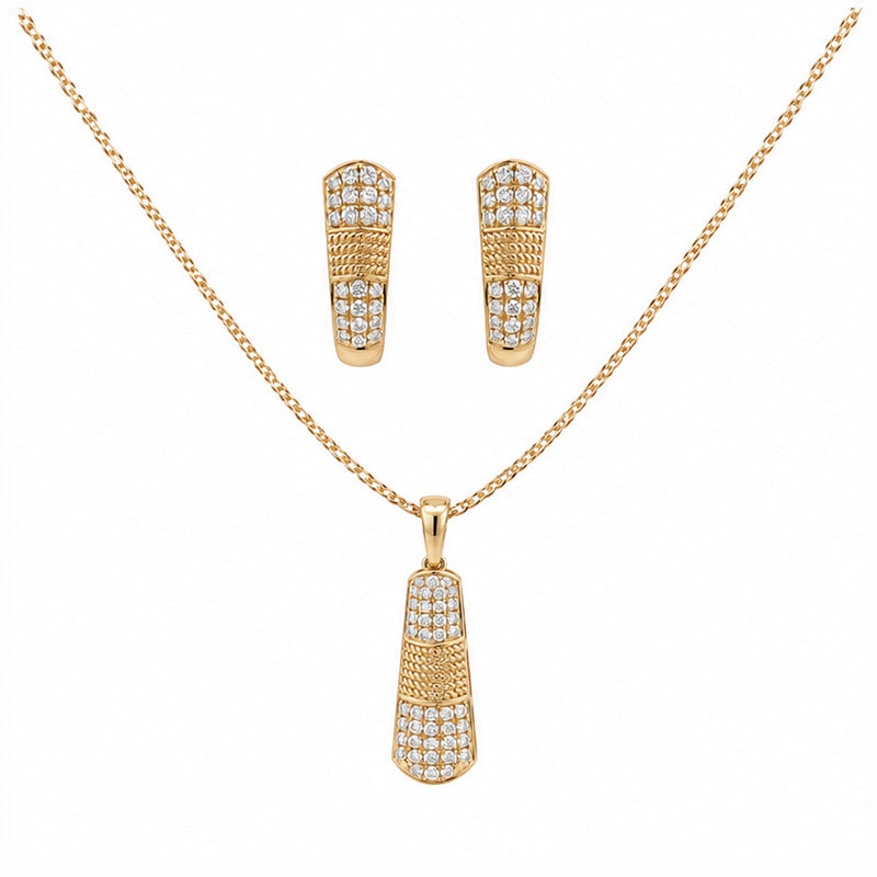 Elegant 18K yellow gold pendant and hoop earring set with diamonds