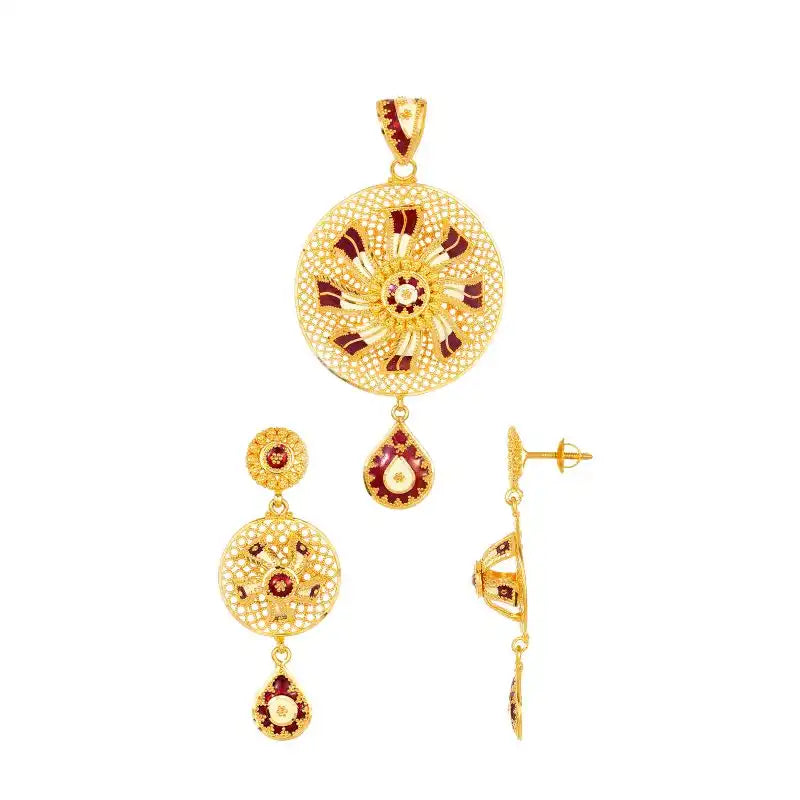 22K Gold and Red Enamel Pendant and Earring Set