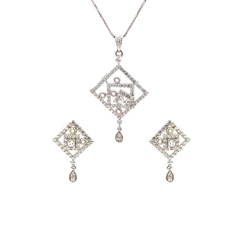 18K White Gold Rhombus Pendant Set with Sparkling Cubic Zirconia Stones