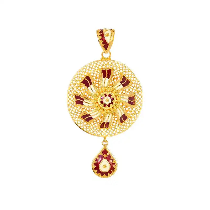 22K Gold and Red Enamel Pendant and Earring Set