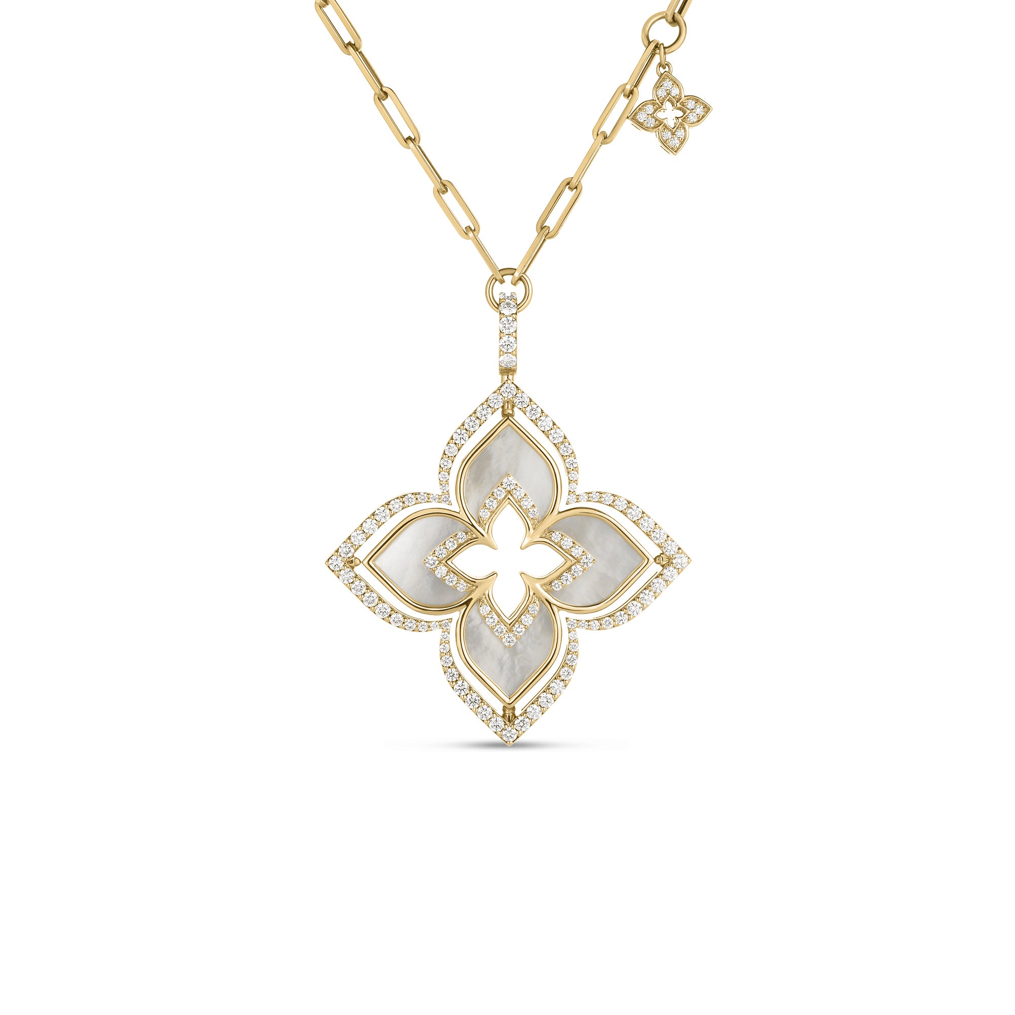 18K YELLOW GOLD VENETIAN PRINCESS PIROUETTE DIAMOND & MOTHER OF PEARL LARGE FLOWER NECKLACE