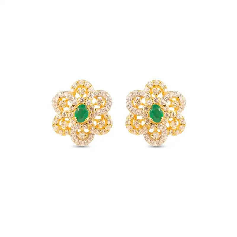 Floral 22K Gold Earrings with green centre