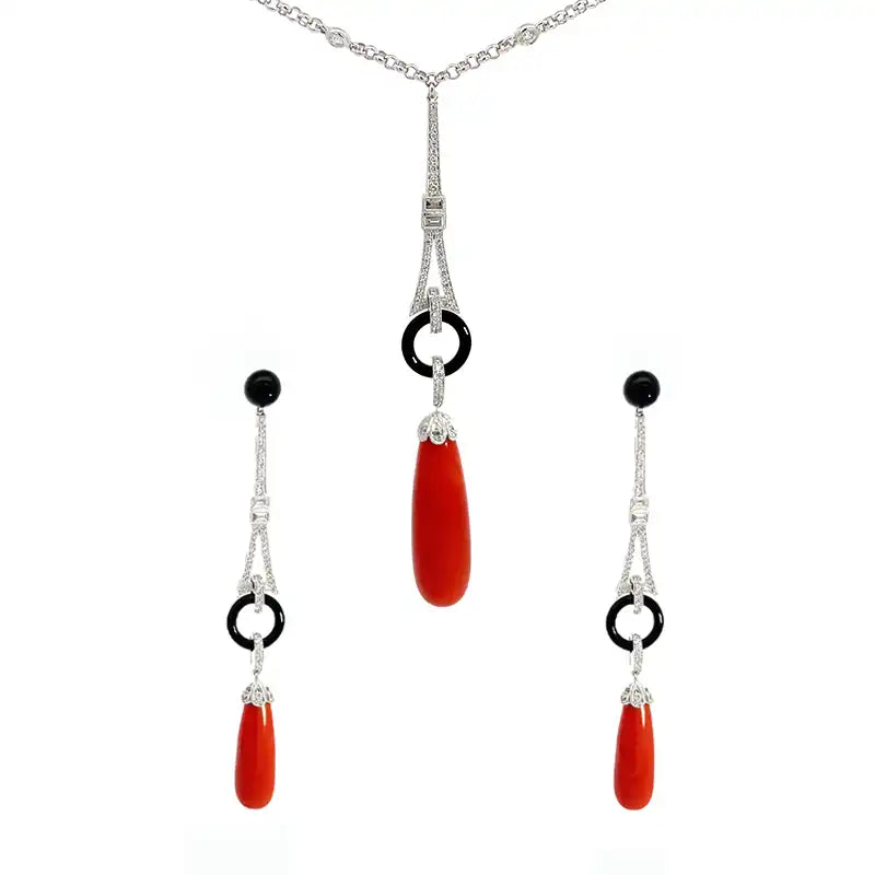 18K Gold Diamond and Coral Necklace Set