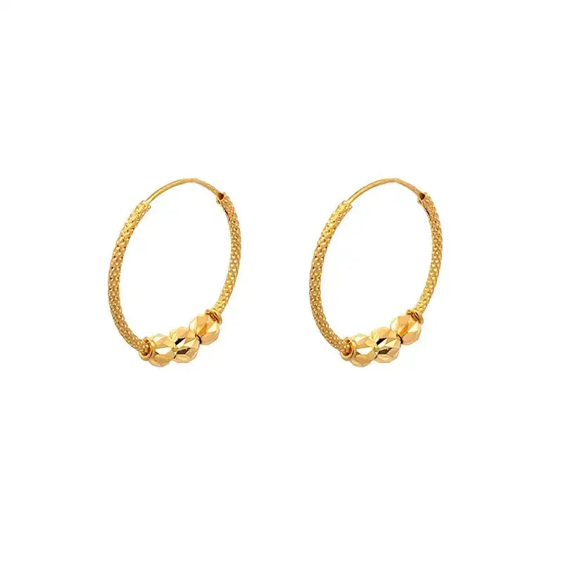 Elegant 22K Yellow Gold Hoop Earrings with Three Beautiful Beads 25 mm Diameter