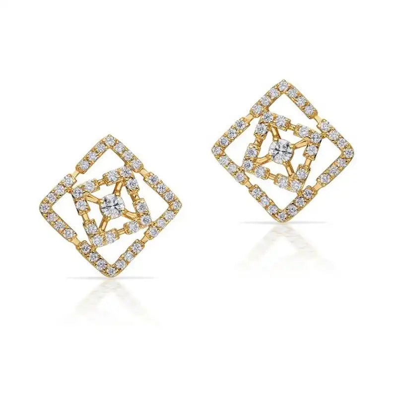 Rhombus Patterned Gold Diamond Stud Earrings Yellow Gold