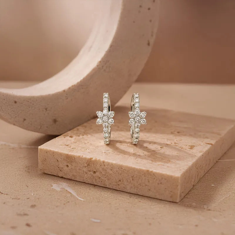 Elegant Diamond Flower Earrings - Huggies