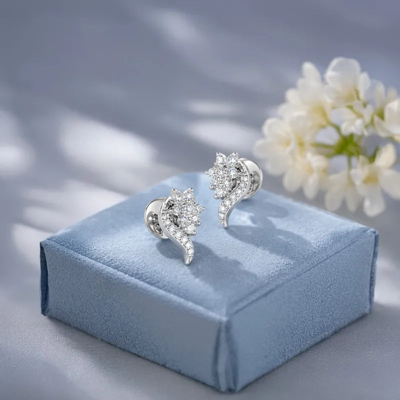 18K White Gold Diamond Floral Curved Stud Earrings