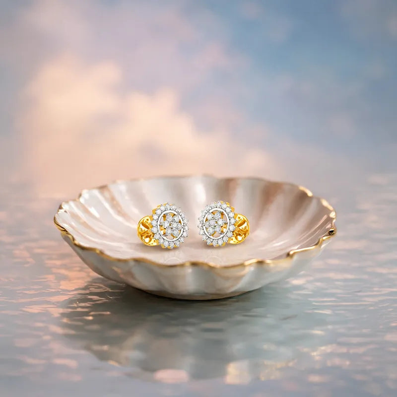 18K Two tone Diamond Round Floral Stud Earrings