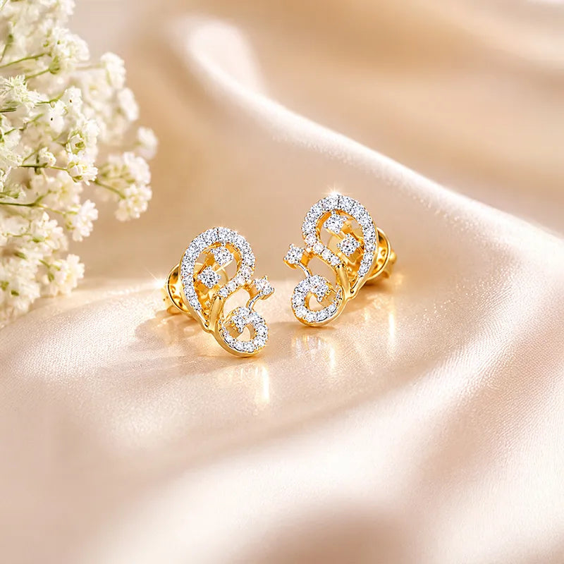 18K Two tone Gold Diamond Elegant curved Stud Earrings