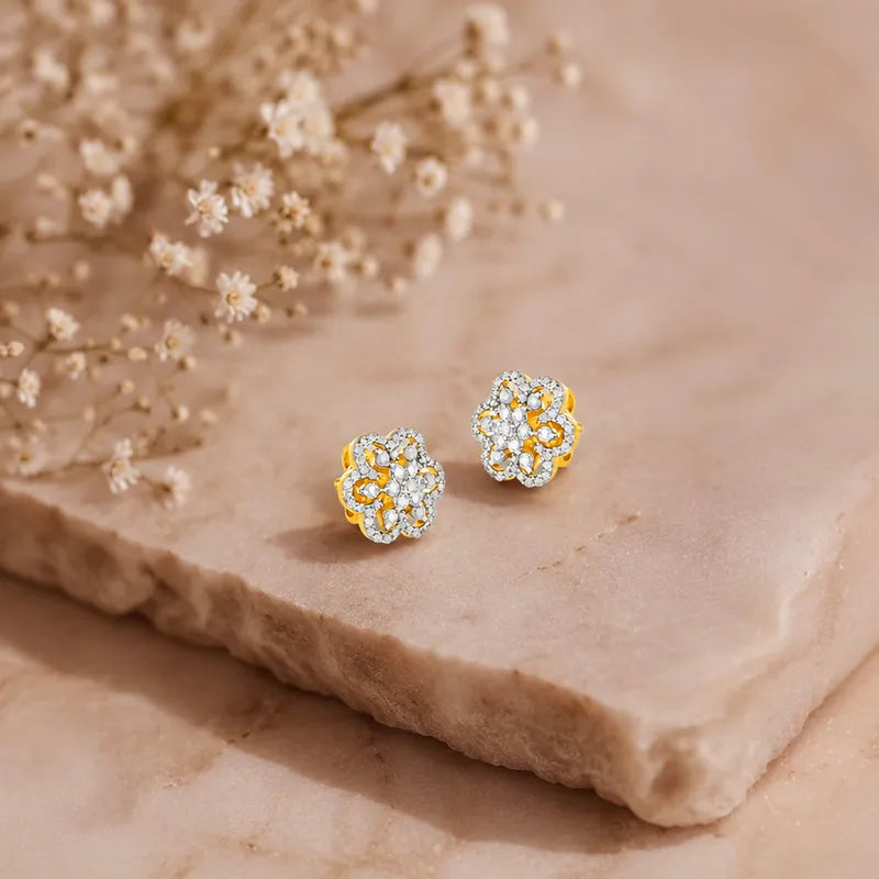 18K Two tone Diamond Pinwheel Floral Stud Earrings