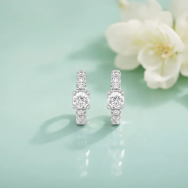 18K White Gold Diamond Huggie Earrings -0.60 inch