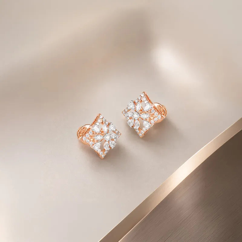 18K Rose Gold Diamond Rhombus Floral Earrings