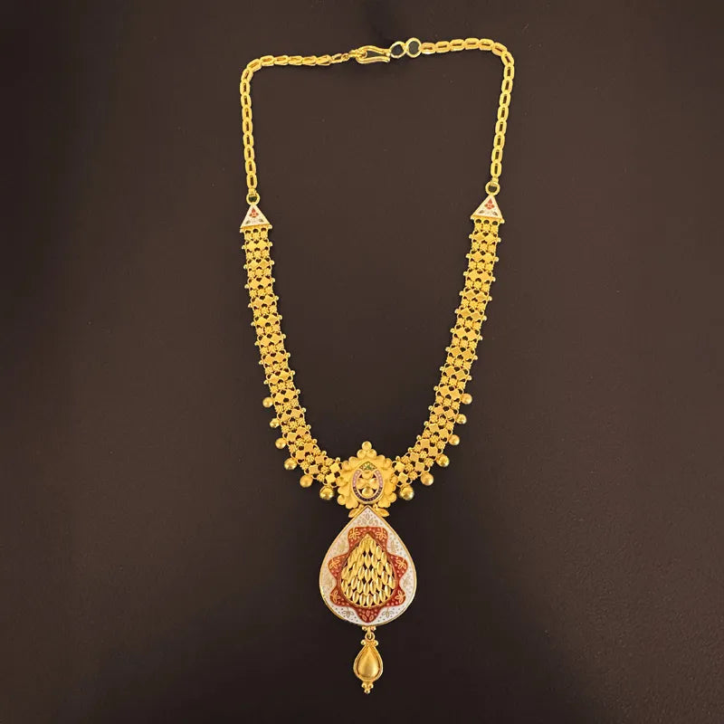 Elegant 22K Yellow Gold Enamel Necklace and Earrings Set for Women