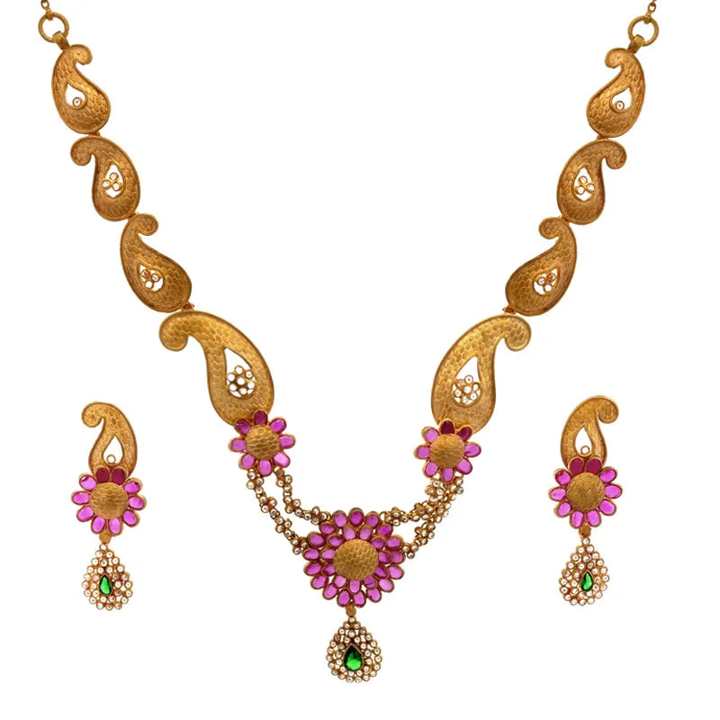 Elegant 22K Yellow Gold Antique Necklace and Earrings Set for Women