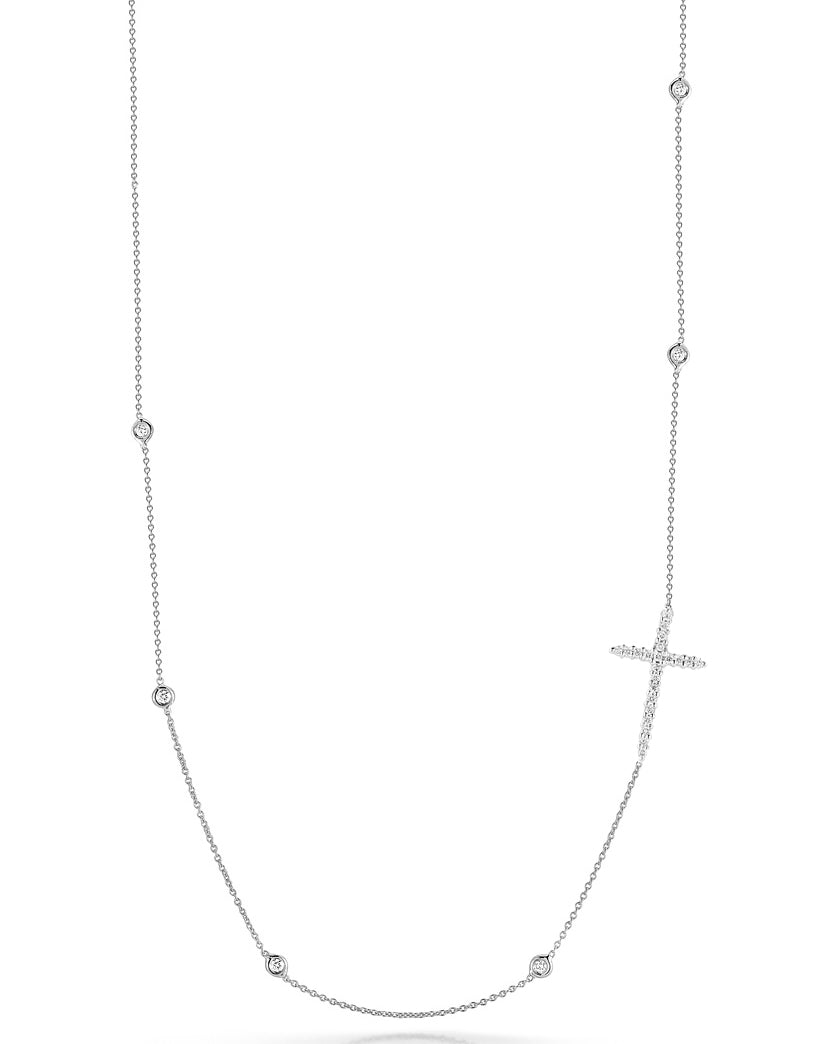 18K WHITE GOLD TINY TREASURES DIAMOND CROSS & 6 STATION BEZEL NECKLACE