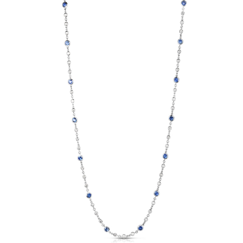 18K WHITE GOLD DIAMONDS BY THE INCH ENDLESS DIAMOND & BLUE SAPPHIRE LONG NECKLACE