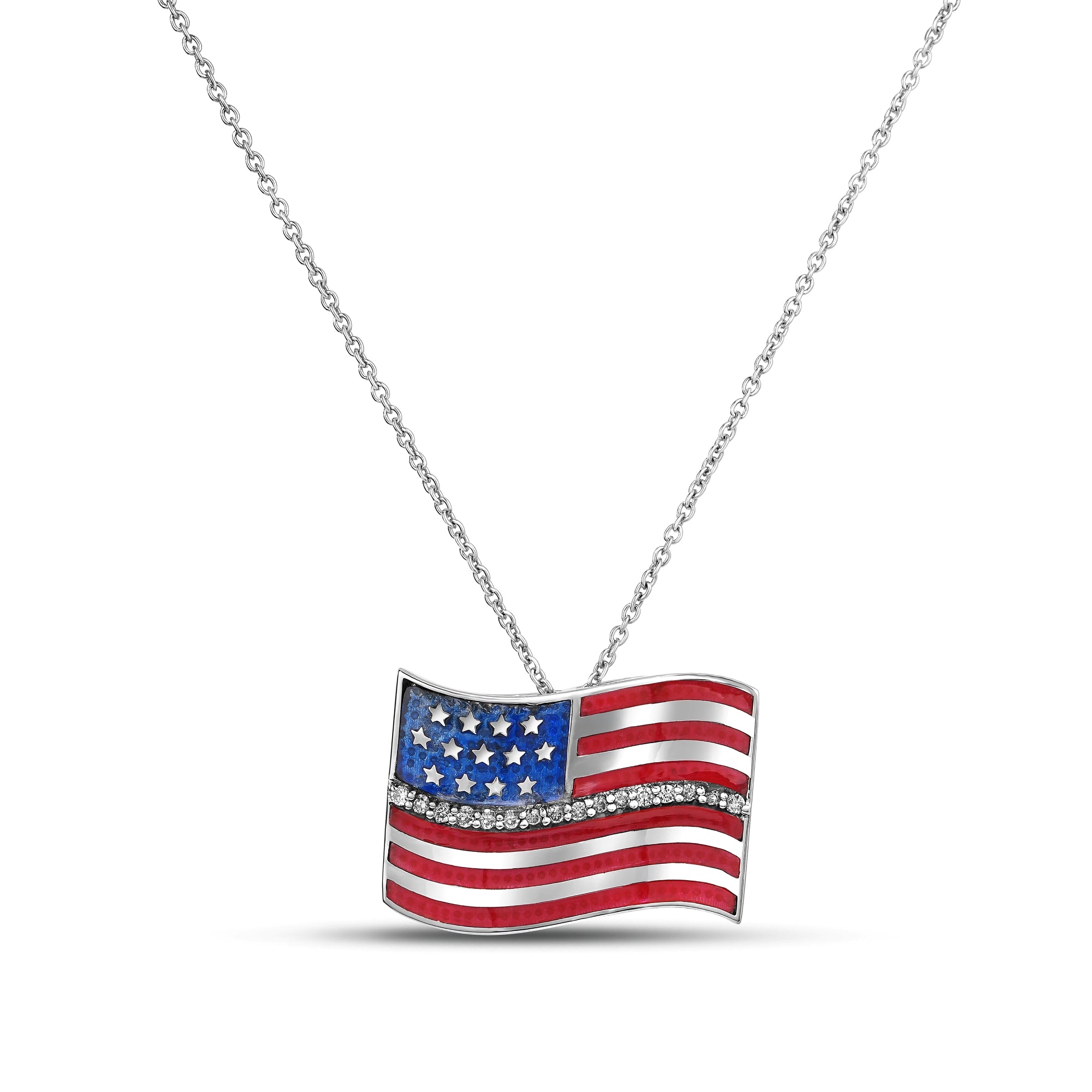 18K WHITE GOLD TINY TREASURES DIAMOND AND ENAMEL AMERICAN FLAG NECKLACE