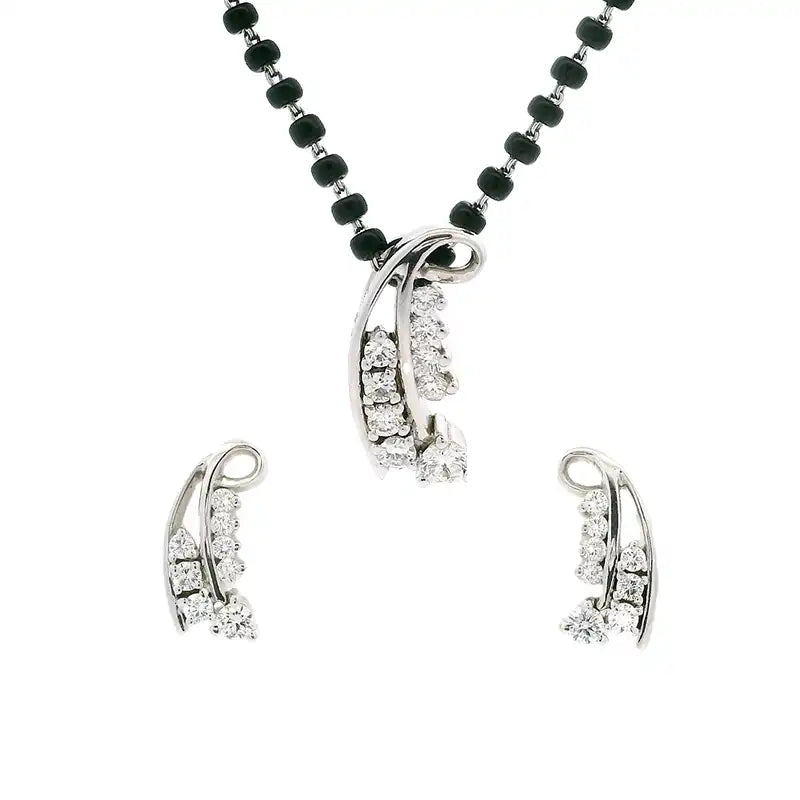 Swirl 18K White Gold Diamond Mangalsutra Necklace with matching earrings