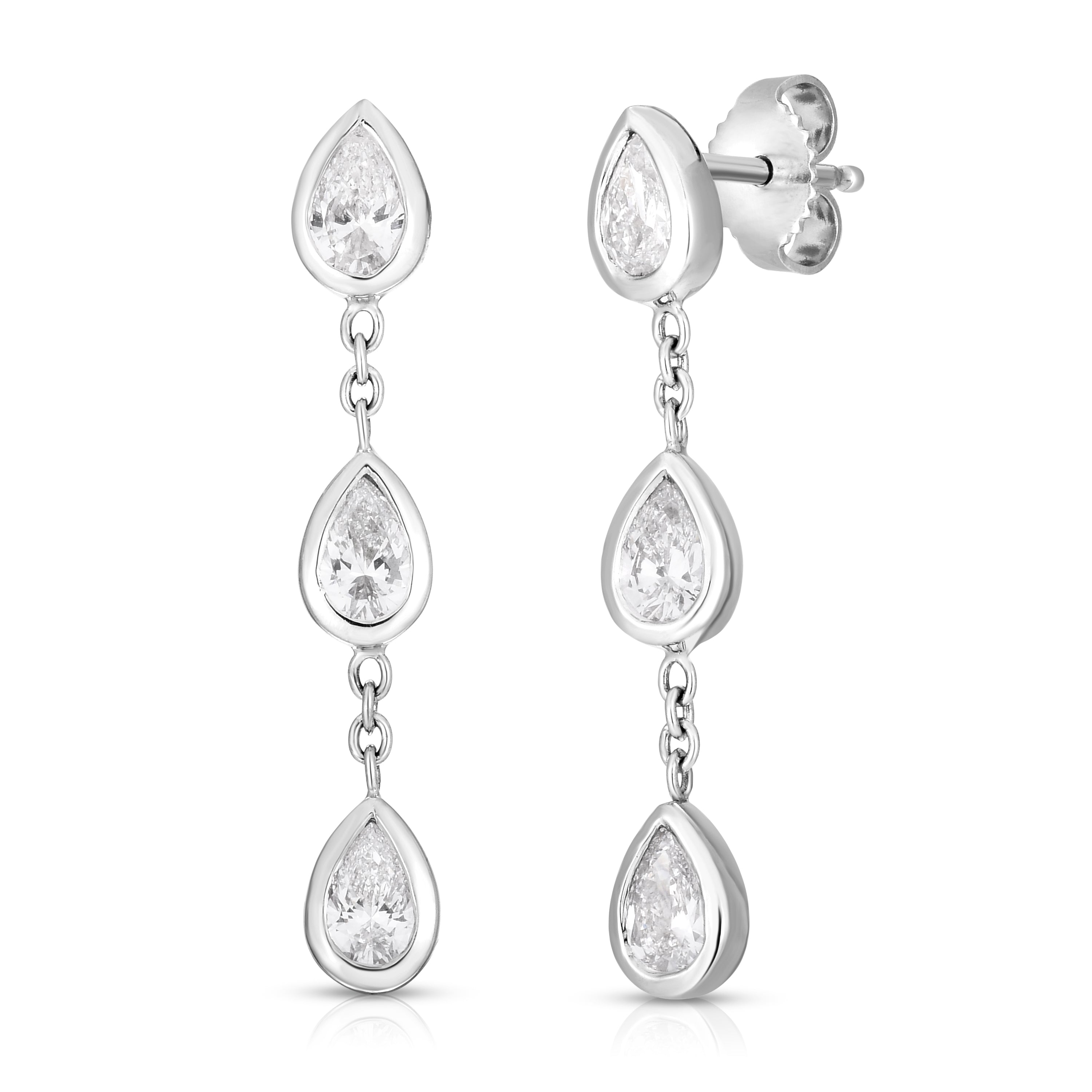 18K WHITE GOLD CLASSIC DIAMOND THREE PEAR CUT DANGLE EARRINGS