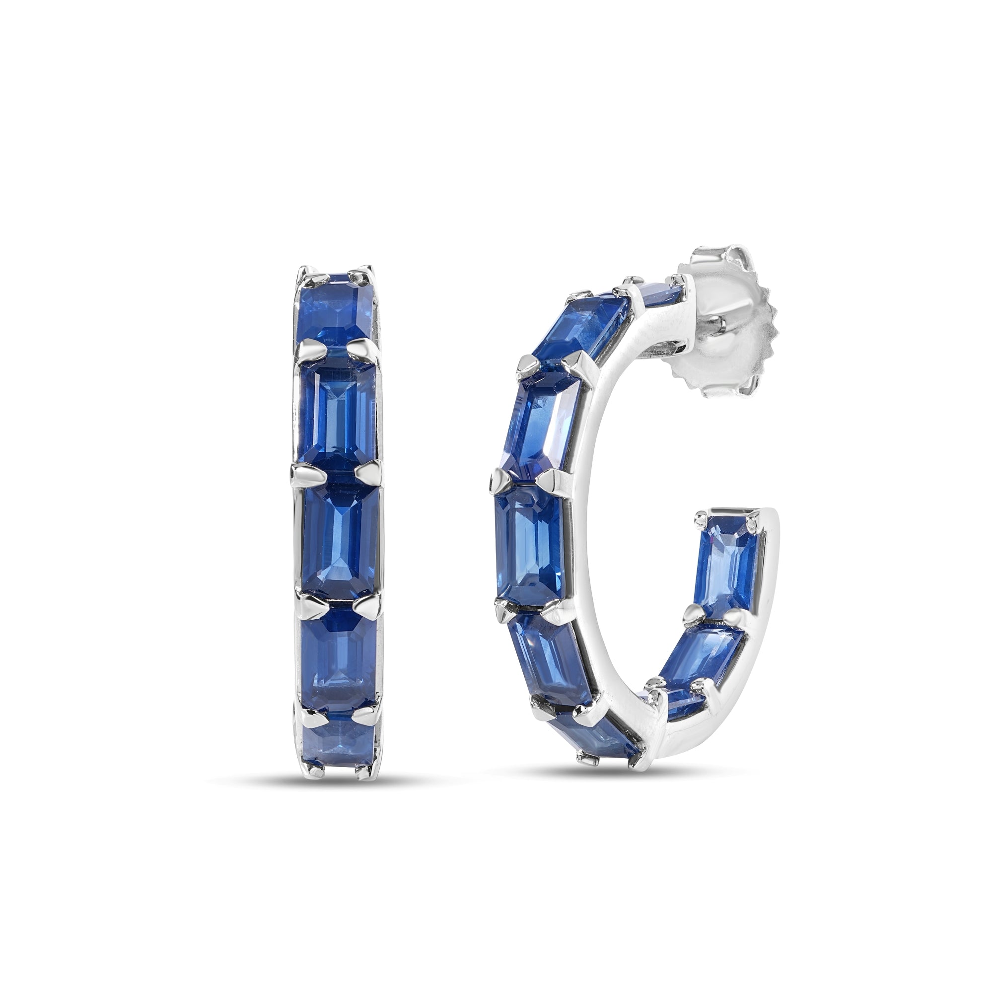 18K WHITE DESIGNER GOLD EMERALD CUT BLUE SAPPHIRE HOOP EARRINGS