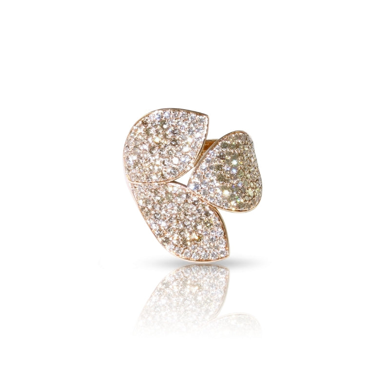 Giardini Segreti Three Leaves Flower Ring in 18K Rose Gold with White and Champagne Diamonds.