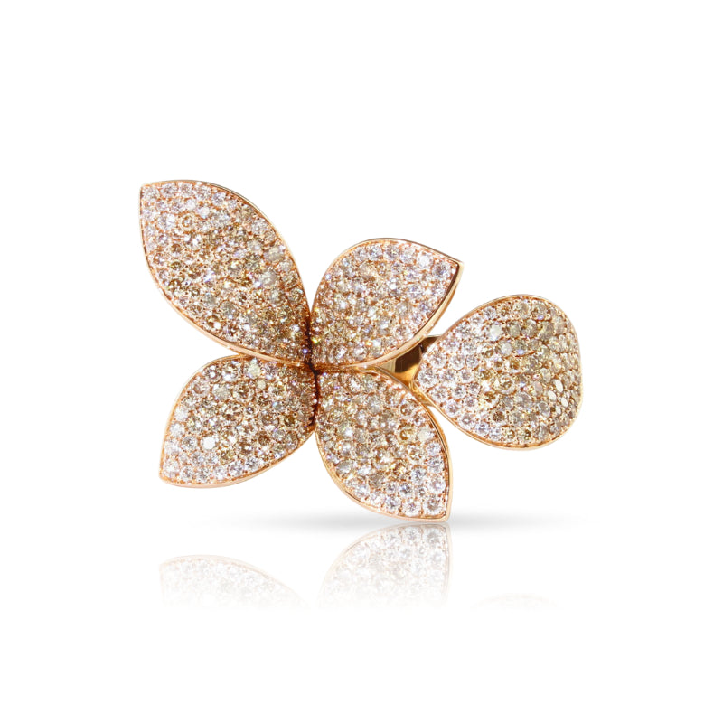 Giardini Segreti Five Leaves Small Flower Ring in 18K Rose Gold with White and Champagne Diamonds.