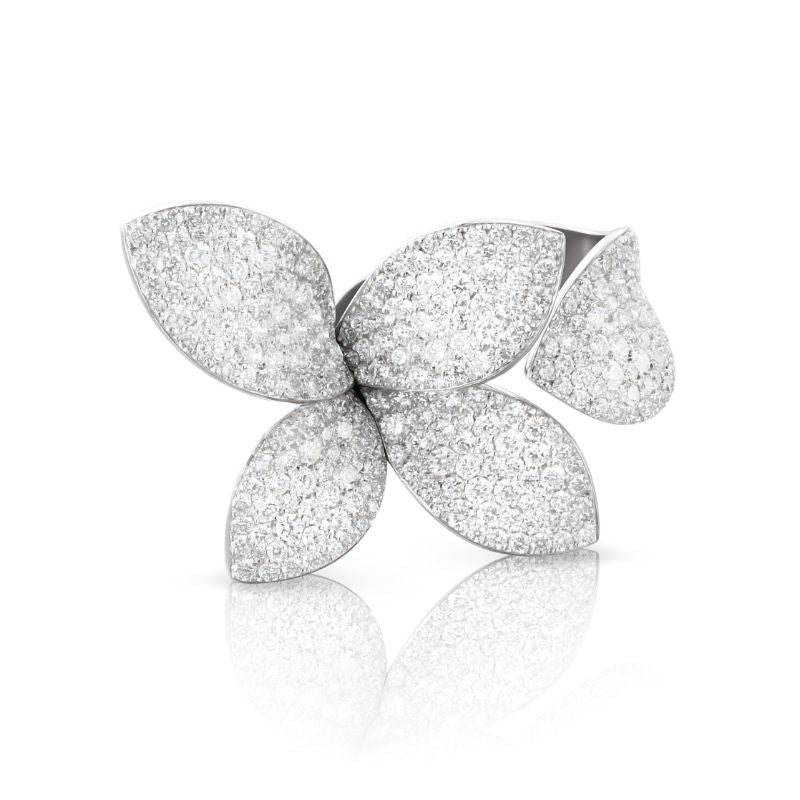 Giardini Segreti Five Leaves Small Flower Ring in 18K White Gold with White Diamonds.