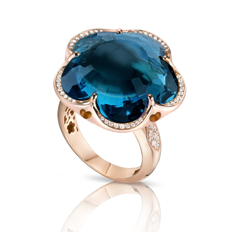 Bon Ton XL Ring in 18K Rose Gold with London Blue Topaz and White Diamonds.