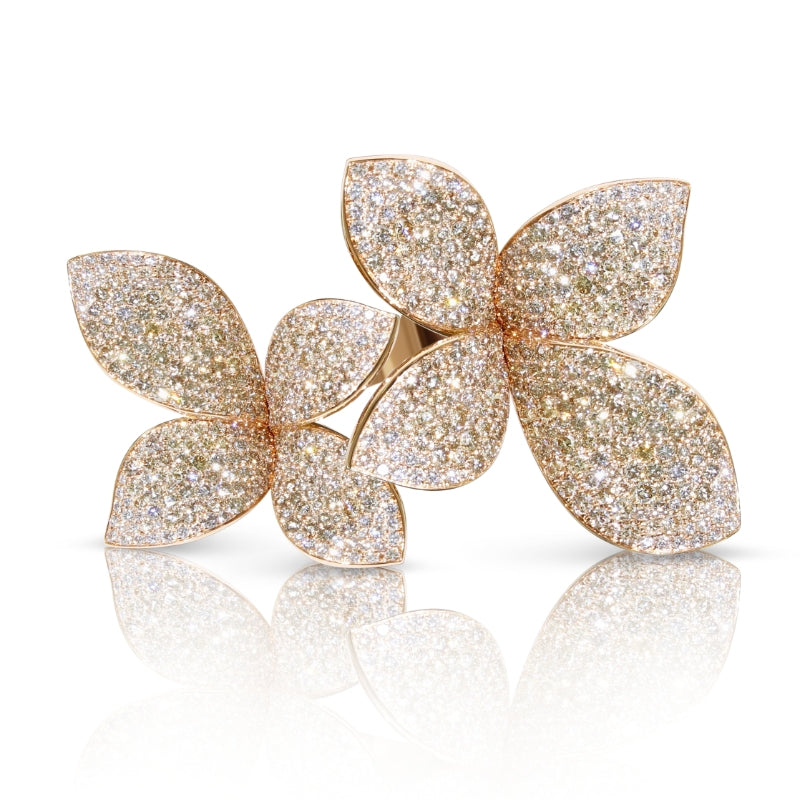 Giardini Segreti Double Flower Ring in 18K Rose Gold with White and Champagne Diamonds.