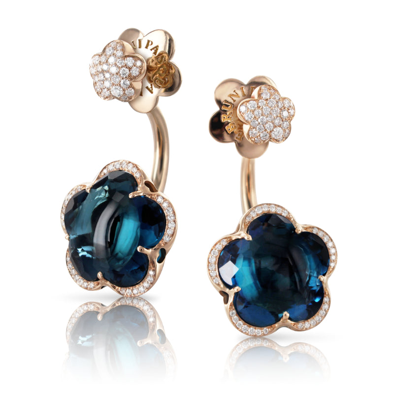 Bon Ton Piercing Earrings in 18K Rose Gold with London Blue Topaz and White Diamonds.