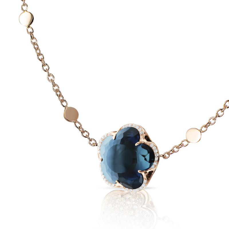Bon Ton Necklace in 18K Rose Gold with London Blue Topaz and White Diamonds.