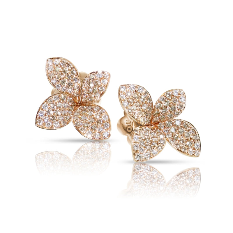 Petit Garden Stud Earrings in 18K Rose Gold with White and Champagne Diamonds, Medium Flower.