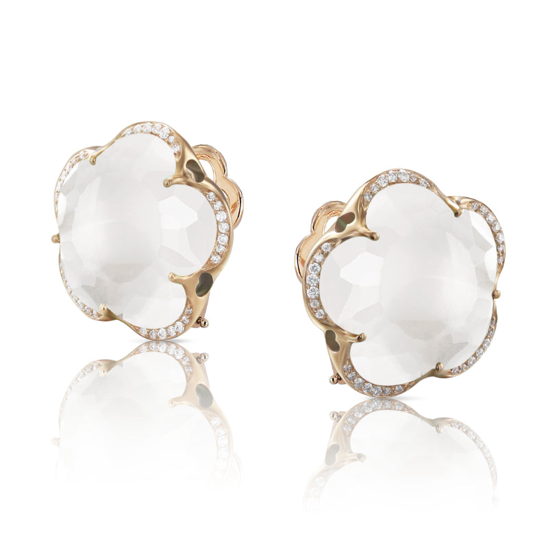 Bon Ton Stud Earrings in 18K Rose Gold with Milky Quartz and White Diamonds.