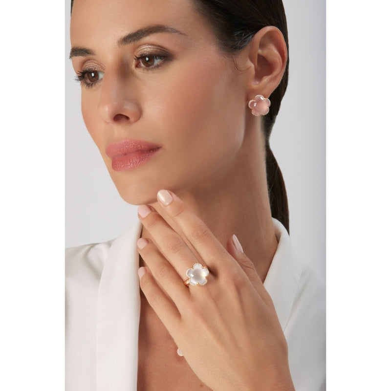 Bon Ton Stud Earrings in 18K Rose Gold with Rose Quartz and White Diamonds.