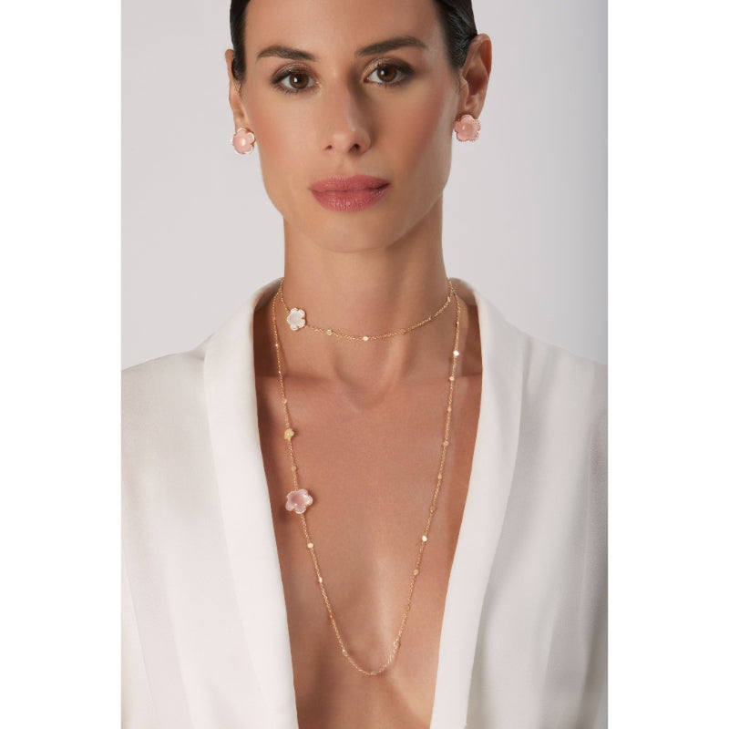 Bon Ton Sautoir in 18K Rose Gold with Rose Quartz, Milky Quartz and White Diamonds.