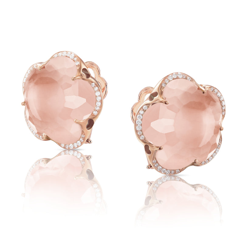 Bon Ton Stud Earrings in 18K Rose Gold with Rose Quartz and White Diamonds.