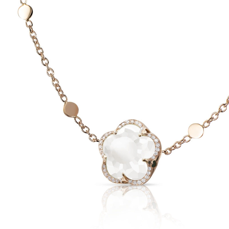 Bon Ton Necklace in 18K Rose Gold with Milky Quartz and White Diamonds.