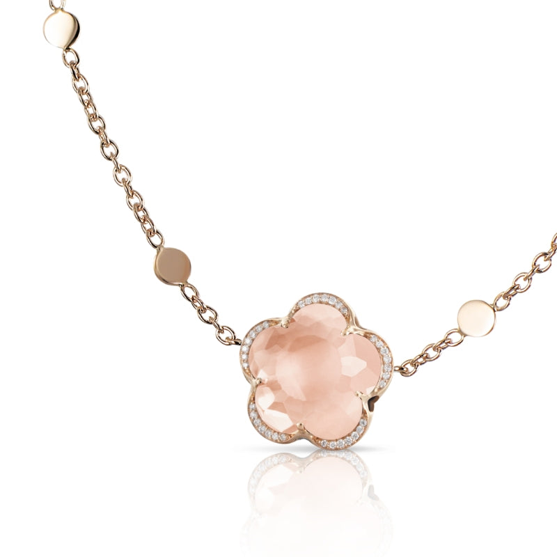 Bon Ton Necklace in 18K Rose Gold with Rose Quartz and White Diamonds.