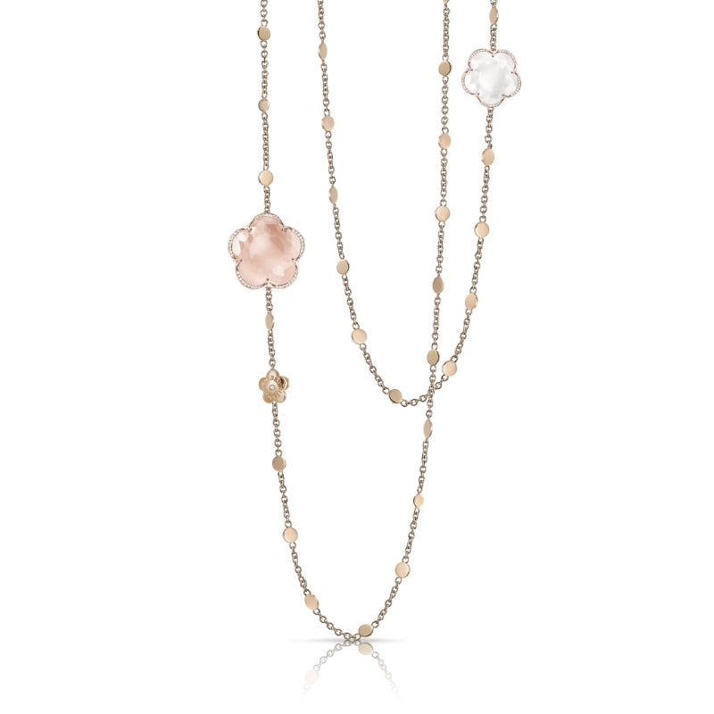 Bon Ton Sautoir in 18K Rose Gold with Rose Quartz, Milky Quartz and White Diamonds.