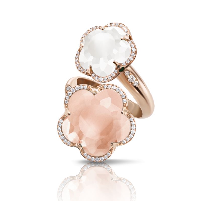 Bon Ton Contrari&eacute; Ring with Rose Quartz, Milky Quartz and White Diamonds.