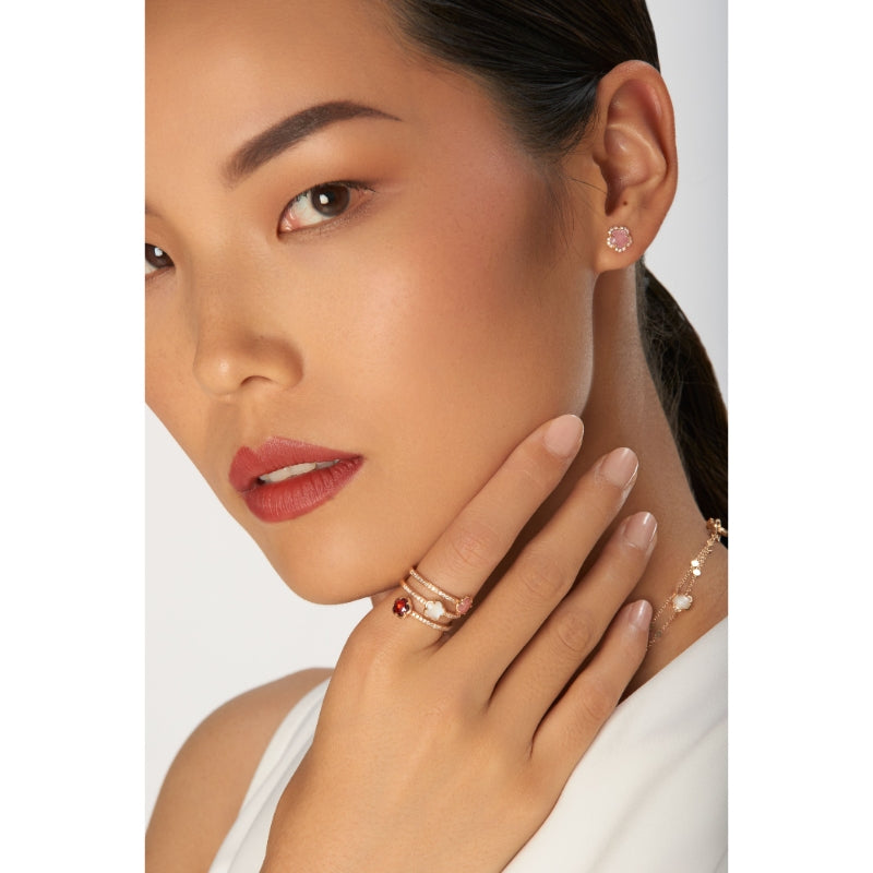Figlia dei Fiori Three Flowers Twist Ring in 18K Rose Gold with Pink Chalcedony, Red Garnet, White Moonstone, White and Champagne Diamonds.