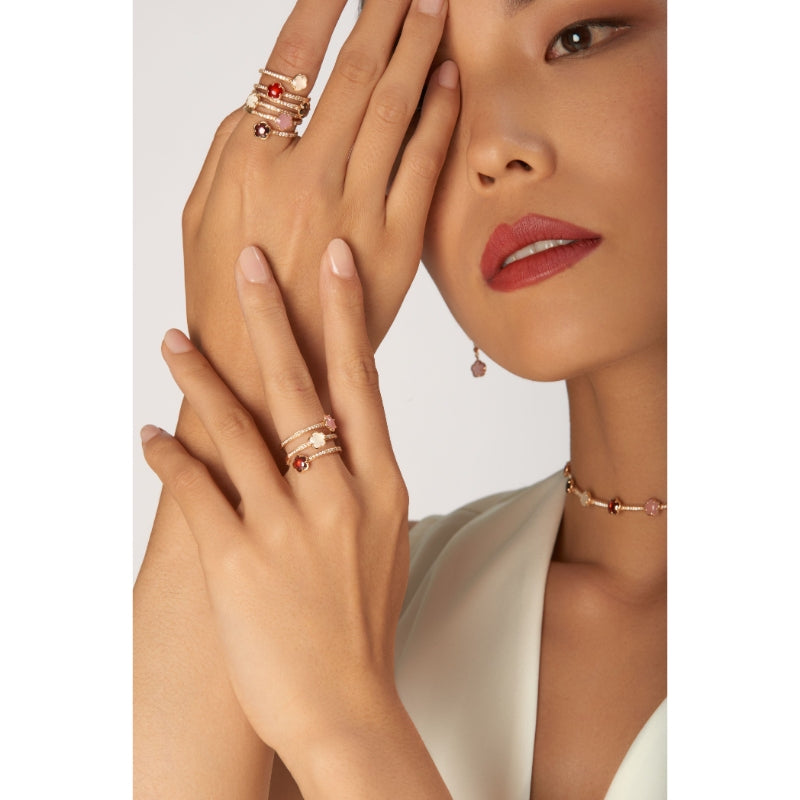 Figlia dei Fiori Six Flowers Twist Ring in 18K Rose Gold with Pink Chalcedony, Red Garnet, White Moonstone, Smoky Quartz, Carnelian, White and Champagne Diamonds.