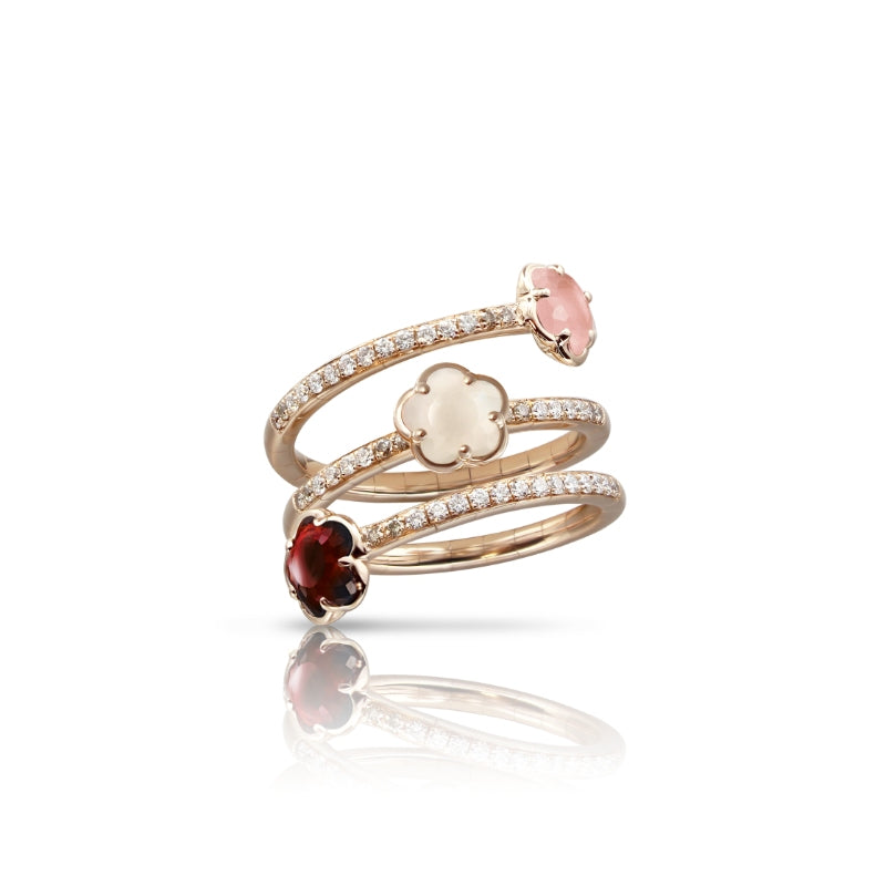 Figlia dei Fiori Three Flowers Twist Ring in 18K Rose Gold with Pink Chalcedony, Red Garnet, White Moonstone, White and Champagne Diamonds.