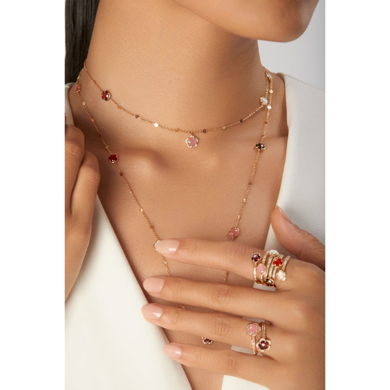 Figlia dei Fiori Two Flowers Contrari&eacute; Ring in 18K Rose Gold with Pink Chalcedony, Red Garnet, White and Champagne Diamonds.