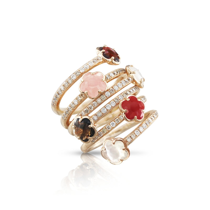 Figlia dei Fiori Six Flowers Twist Ring in 18K Rose Gold with Pink Chalcedony, Red Garnet, White Moonstone, Smoky Quartz, Carnelian, White and Champagne Diamonds.